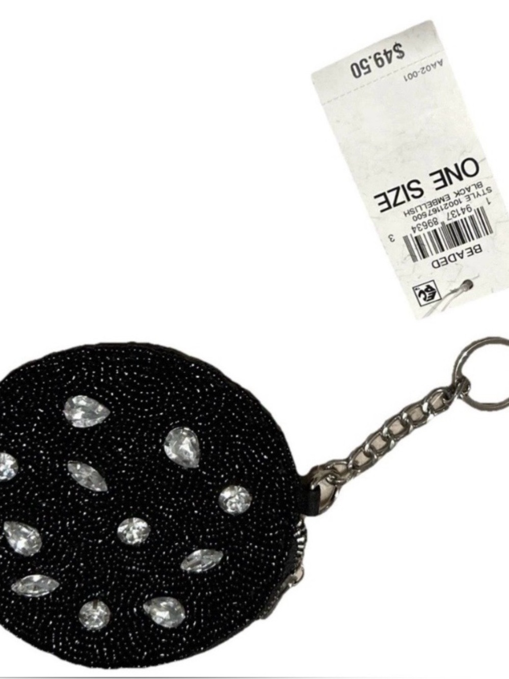 NWT On 34th Hand Beaded Coin Cards Pouch Black With Clear rhinestones Round
